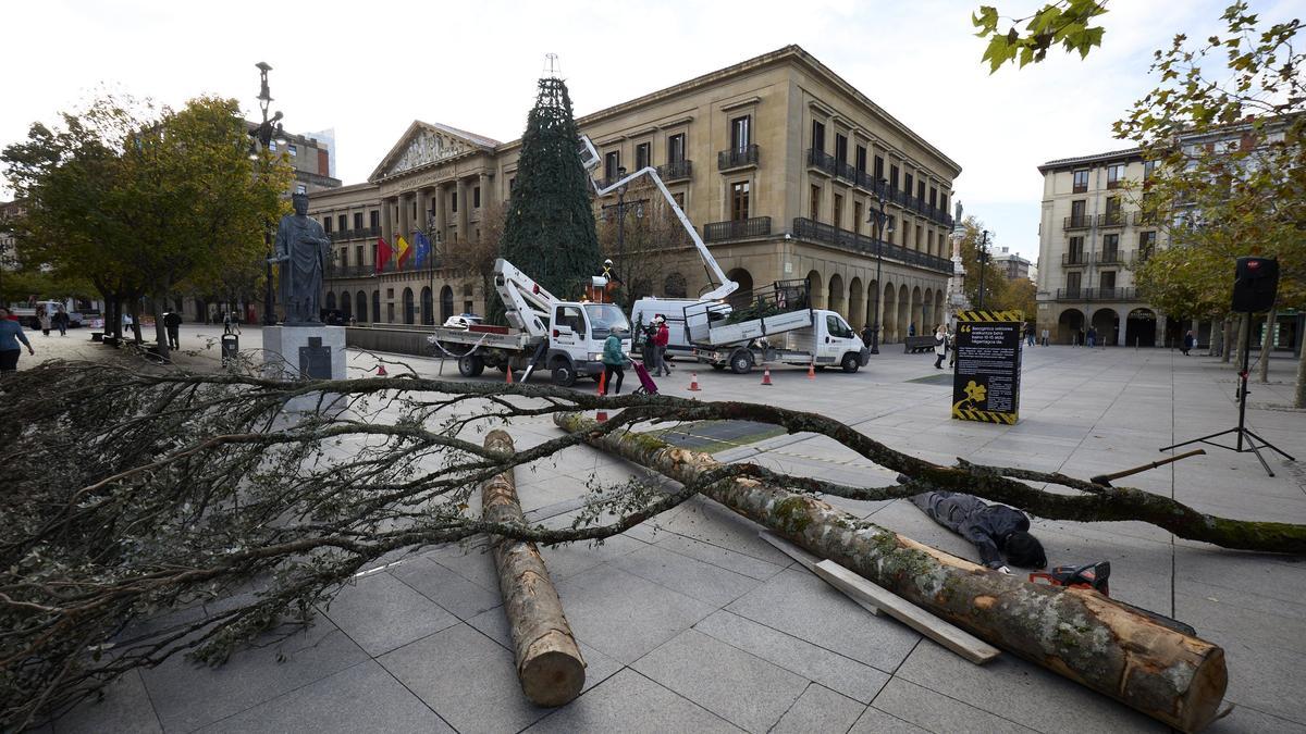 Acción organizada en la plaza del Castillo por los sindicatos LAB, ESK, STEILAS, EHNE-etxalde, HIRU y CGT-LKN.