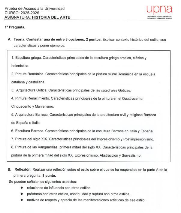 Primera página de la Historia del Arte de la PAU 2026 