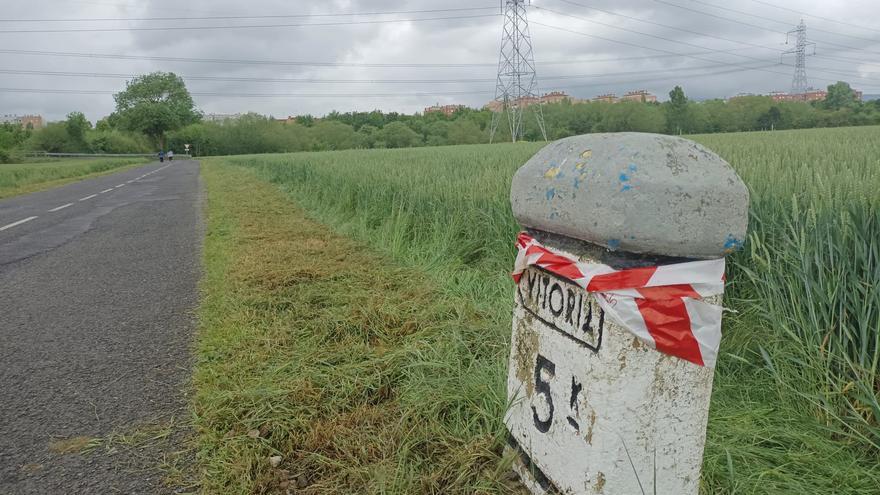 El mojón derribado a las afueras de Vitoria vuelve a su sitio