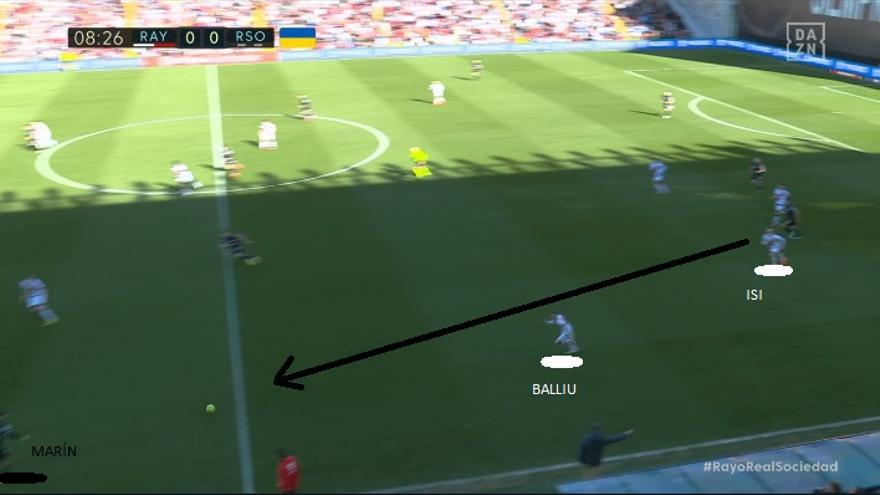Visto el panorama, la Real lo tuvo muy claro. El Rayo desguarnecía a menudo su banda derecha, al utilizar a Balliu e Isi para presionar dentro y altos, así que Imanol se centró en buscar ese flanco. Por ejemplo, escorando a Marín, que en la imagen recibe solo.