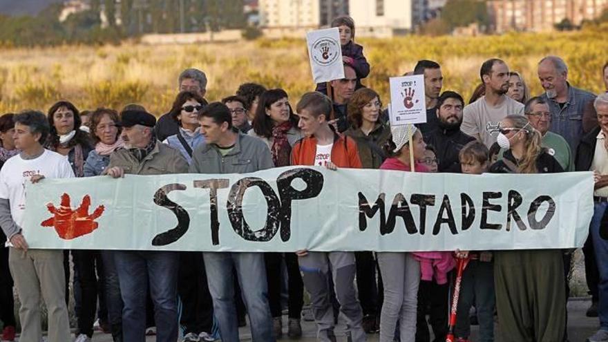 Vecinos de Noáin, Beriáin y Salinas, en el emplazamiento del proyecto, detrás de una pancarta reivindicativa y, al fondo, una vista de las viviendas Noáin.