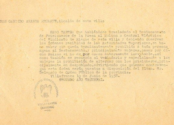 Documento en el que se prohibía a vecinos y vecinas relacionarse con los presos.