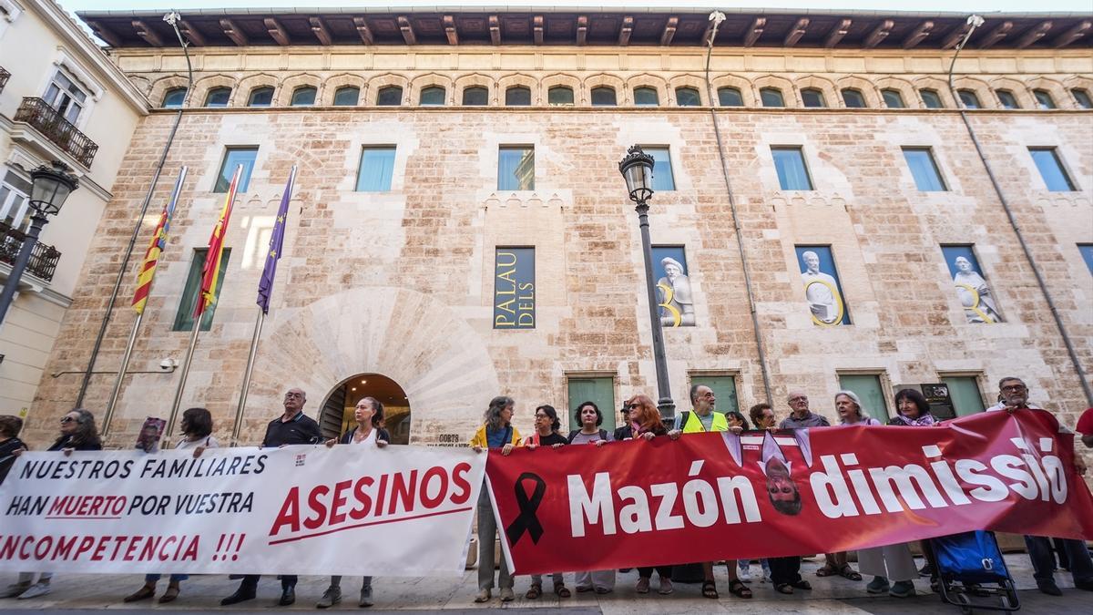 Protesta de asociaciones de víctimas de la dana frente a Les Corts para pedir la dimisión de Carlos Mazón ante el Debate de Política General.