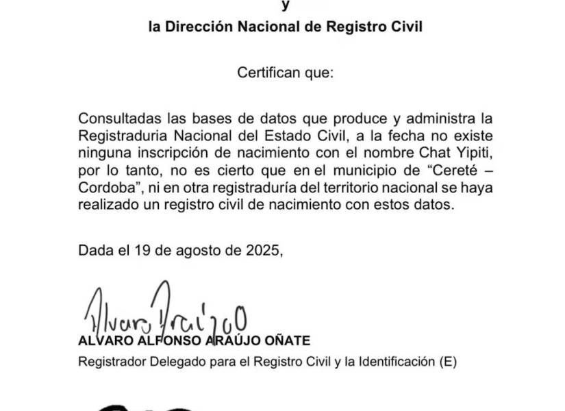 Comunicado de la Registraduría de Colombia desmintiendo la inscripción.