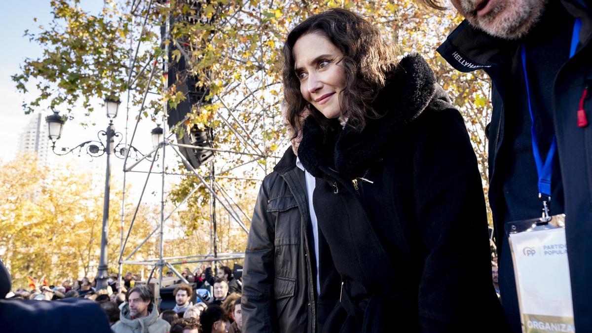 Isabel Díaz Ayuso durante la concentración contra la corrupción del Gobierno convocada por el PP