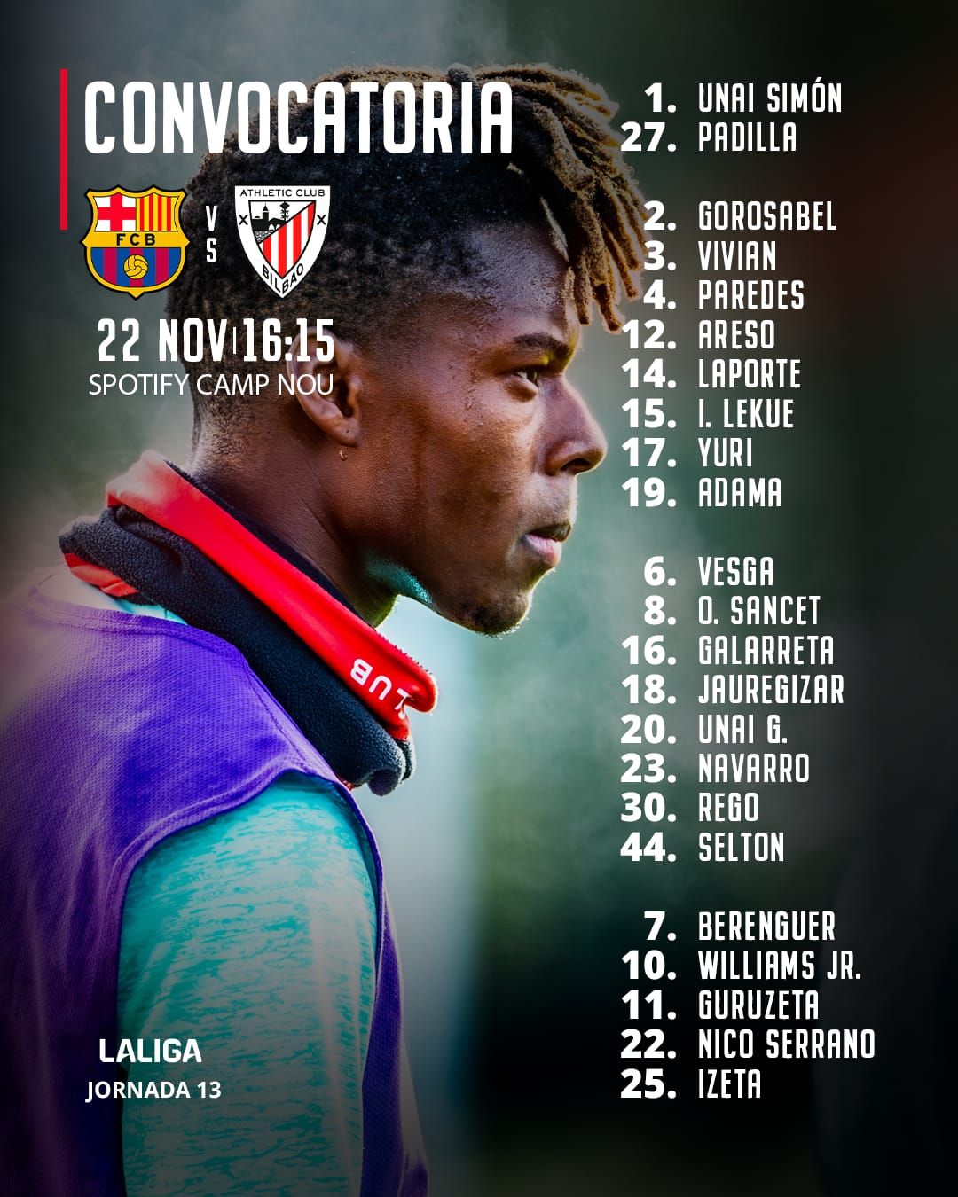 Fotografía con la que el Athletic ha anunciado su convocatoria ante el Barcelona.