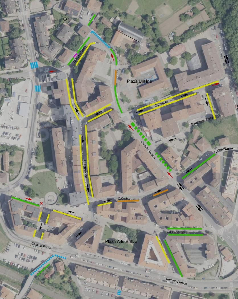 Plano del casco urbano de Usansolo con las zonas donde se va a actuar marcadas con diferentes colores