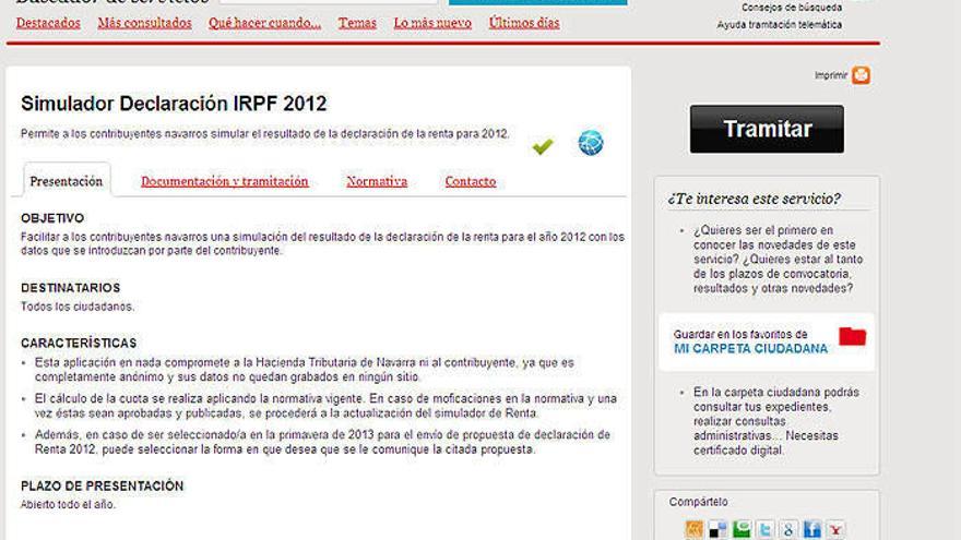 Simulador de declaración de IRPF en la página web del Gobierno de Navarra.