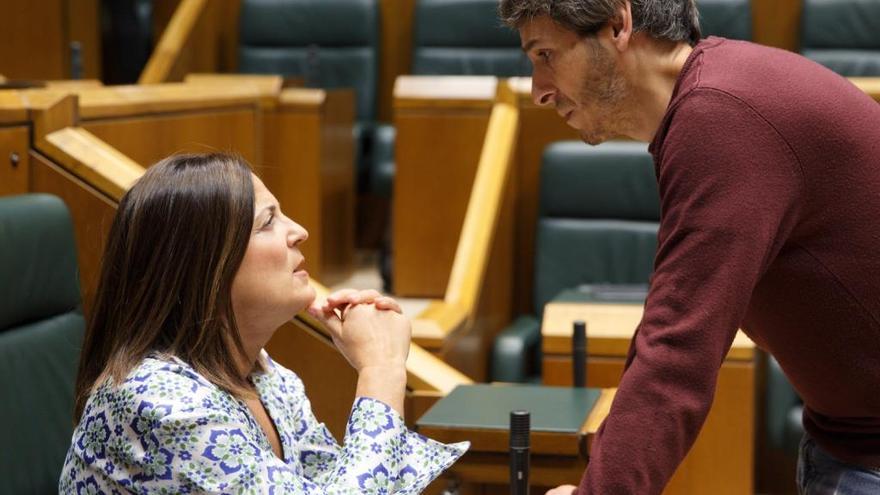 Beatriz Artolazabal y el parlamentario de Elkarrekin Podemos IU, Jon Hernández, ayer en la Cámara.