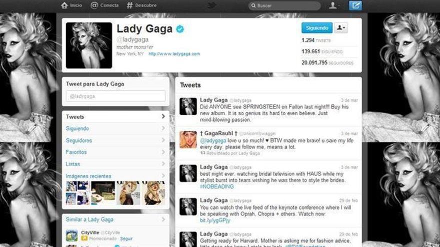 Lady Gaga, primera en superar los 20 millones de seguidores en Twitter