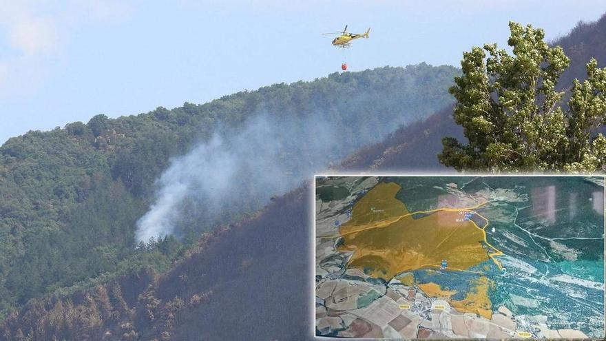 Mejoría en el incendio de Ezkabarte por el trabajo de bomberos, refuerzos aéreos y chubascos que aportan 8 litros