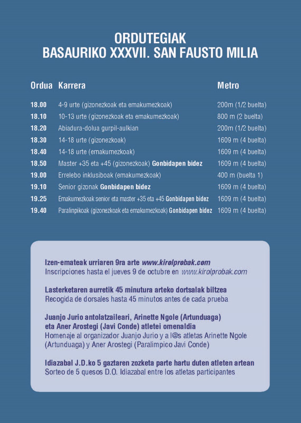 Listado de categorías con los horarios de salida de sus pruebas y las distancias a recorrer
