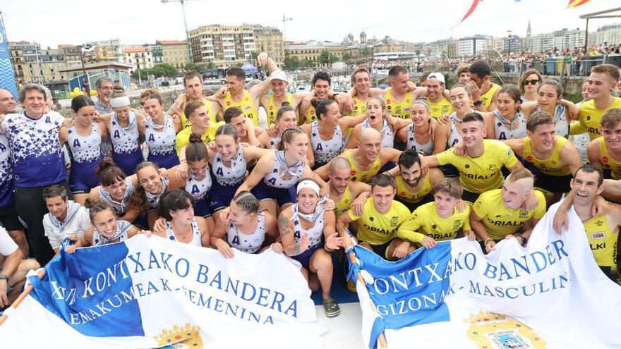 Donostia Arraun Lagunak y Orio celebran el triunfo en la Bandera de la Concha