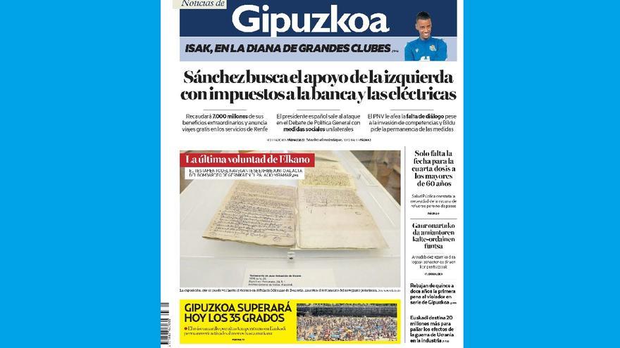 Portada de NOTICIAS DE GIPUZKOA de este miércoles, 13 de julio