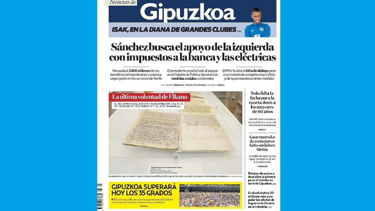 Portada de NOTICIAS DE GIPUZKOA de este miércoles, 13 de julio
