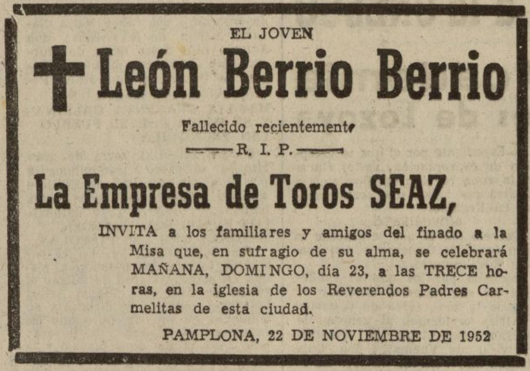 Esquela publicada en “El Pensamiento Navarro” del 20 de noviembre de 1920