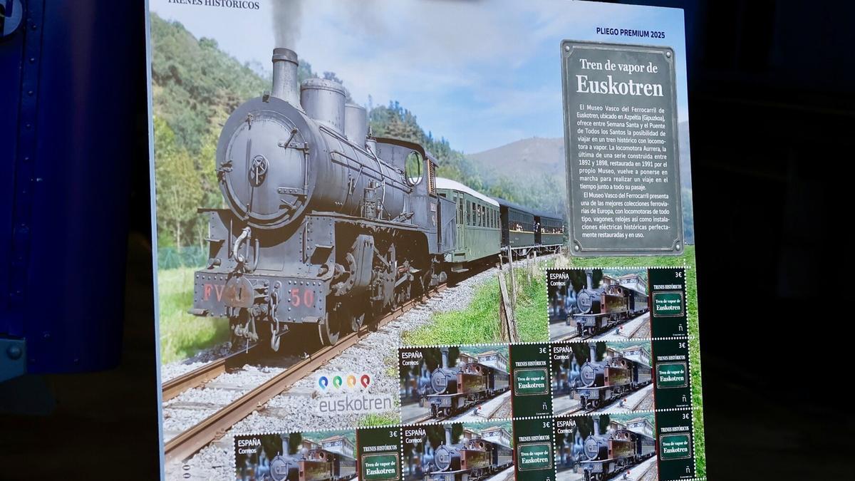 Sello dedicado al tren de vapor de Euskotren, presentado en el Museo del Ferrocarril de Azpeitia