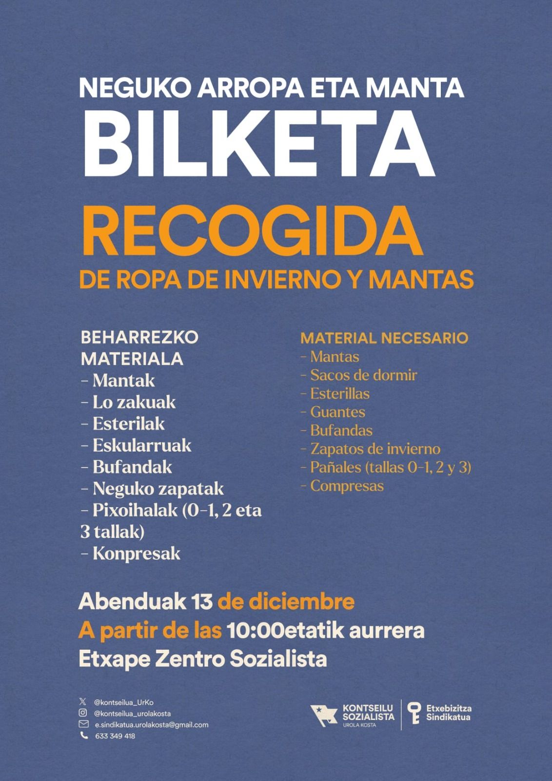 Cartel de la recogida de materiales de invierno por parte del Kontseilu Sozialista de Urola Kosta y Etxebizitza Sindikatua.