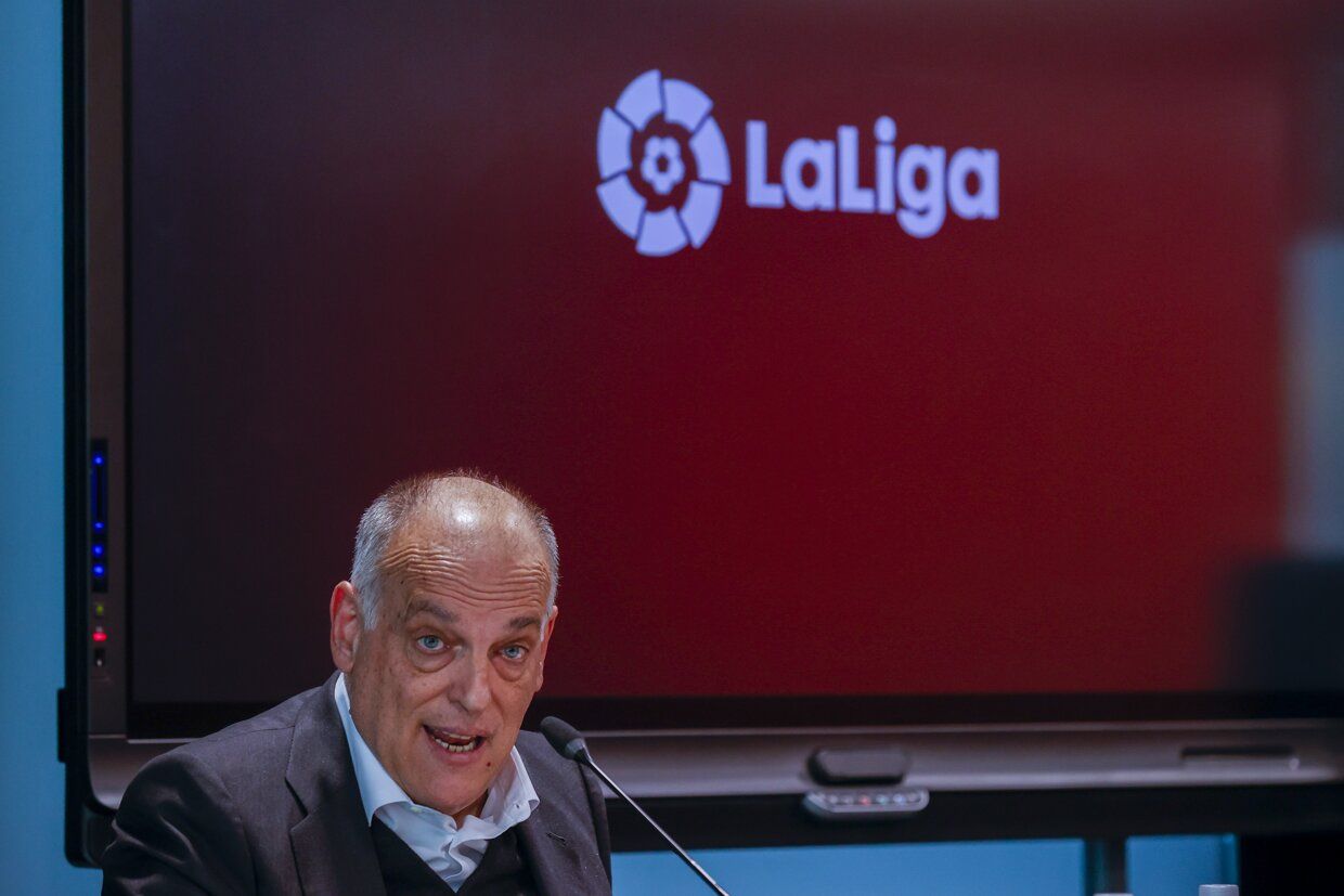 El presidente de LaLiga, Javier Tebas, durante su comparecencia en la Asamblea General de LaLiga