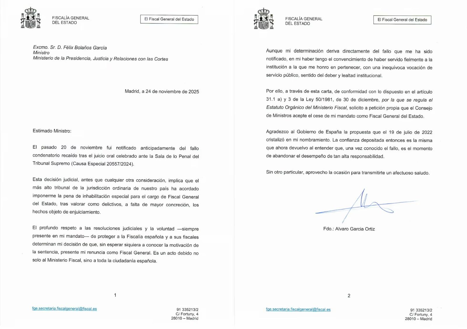 La carta de renuncia de Álvaro García Ortiz como fiscal general del Estado.