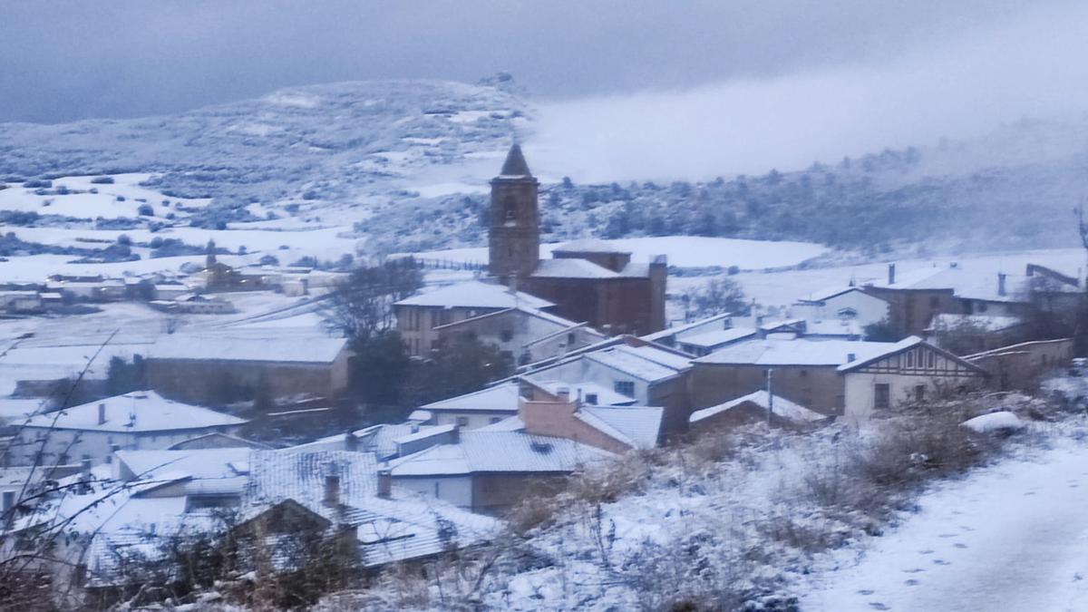 En la foto, la nevada que afecta a Etayo y Olejua en Valdega, al fondo Monjardin.