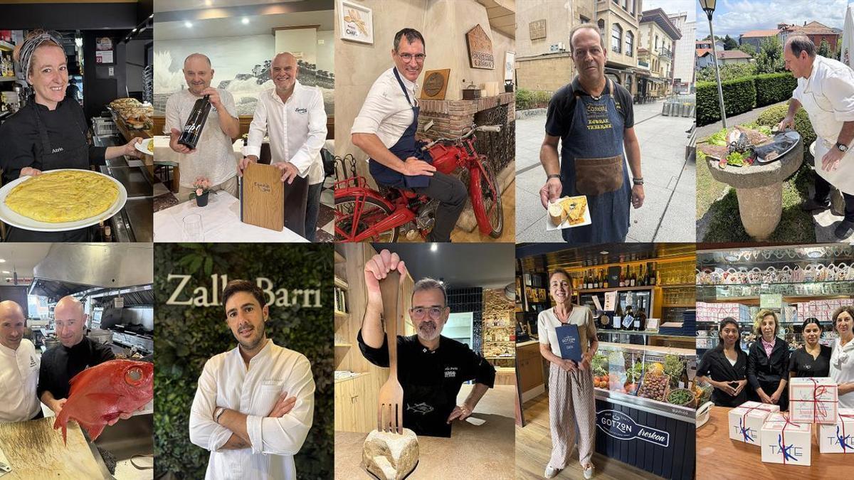 De izda. a dcha. y de arriba abajo, Goizane Bilbao (El Atrio), los hermanos Akarregi (Egaña), Beñat Ormaetxea (Jauregibarria), Sergio Mansilla (Ajuria), José Andrés Bilbao (Ermintxo), Iker y Jon Mentxaka (Hondartzape), Eneko Ordorika (Zallo Barri), Joseba Irusta (Gure Etxea), Sorkunde Longarai (Gotzon) y el equipo de Tate. Todo un crisol de sabor y buen gusto.