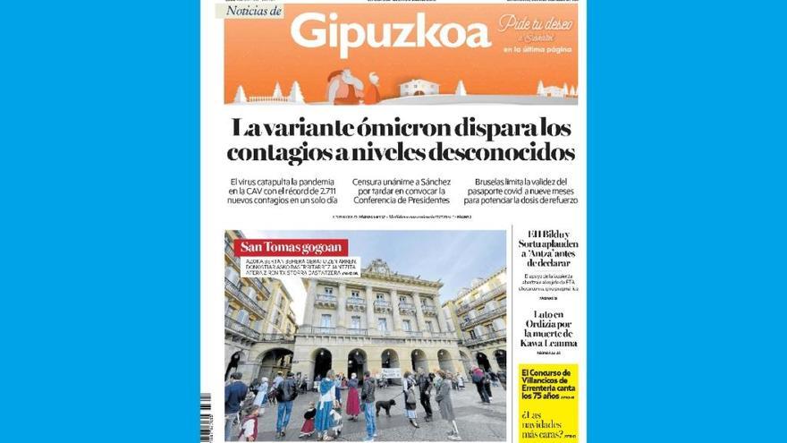 Portada de NOTICIAS DE GIPUZKOA de este miércoles, 22 de diciembre