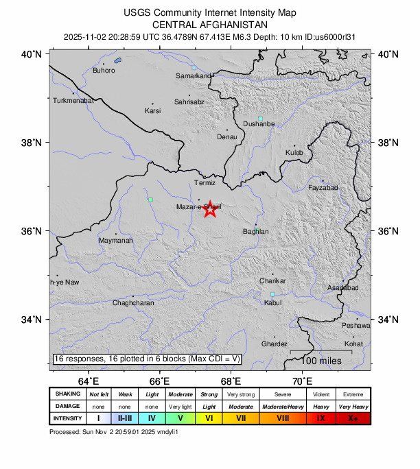 El epicentro del sismo en Afganistán, a 22 kilómetros de la ciudad de Khulm, en la provincia de Balkh.