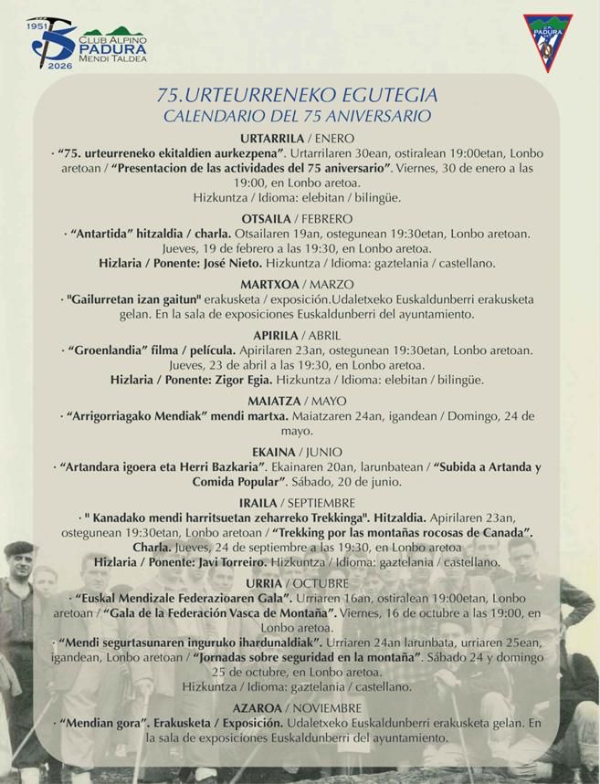 Actos organizados por el Padura Mendi Taldea para conmemorar su 75 aniversario