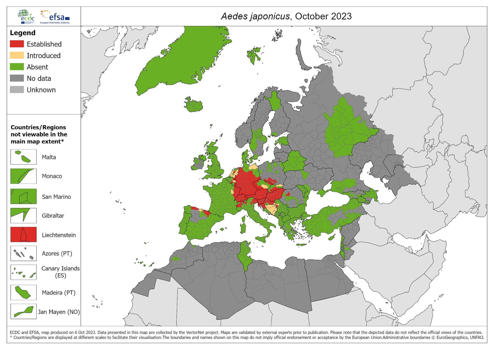 Distribución del mosquito del Japón en Europa en 2023.
