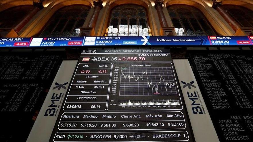 Panel de cotizaciones del Ibex 35 ayer en la Bolsa de Madrid.