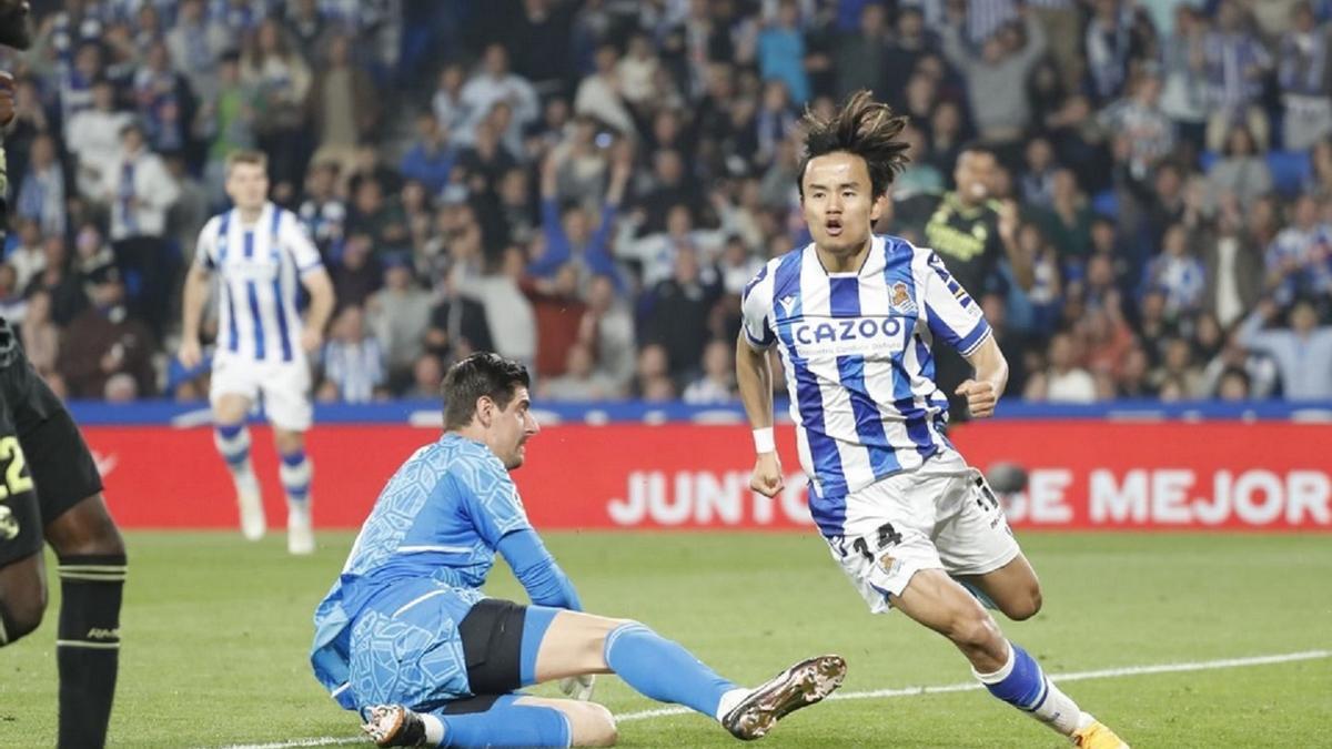 Kubo celebra su gol al Real Madrid en la victoria txuri-urdin en Anoeta (2-0) de mayo de 2023.