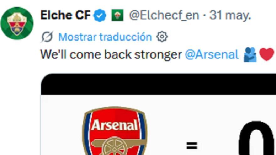 El Elche se burla del Arsenal en un tuit que roza los 2 millones de visitas