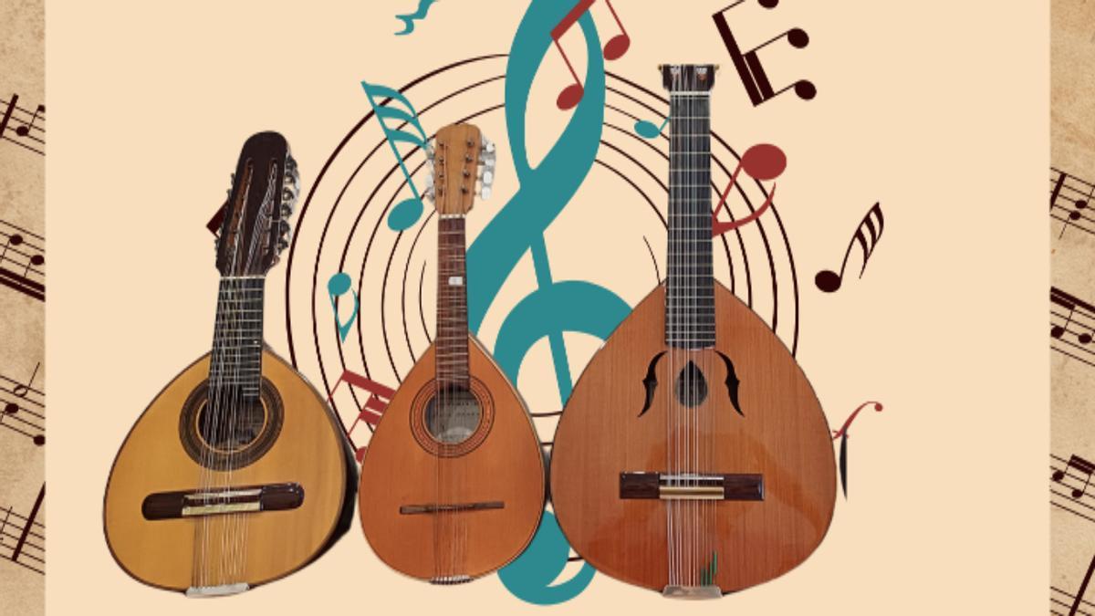 Un laúd, bandurria y bajo laudón, instrumentos de rondallas.