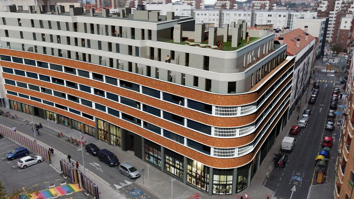 Vista de la fachada del edificio Amezola Homes, la reinterpretación contemporánea de un edificio histórico.