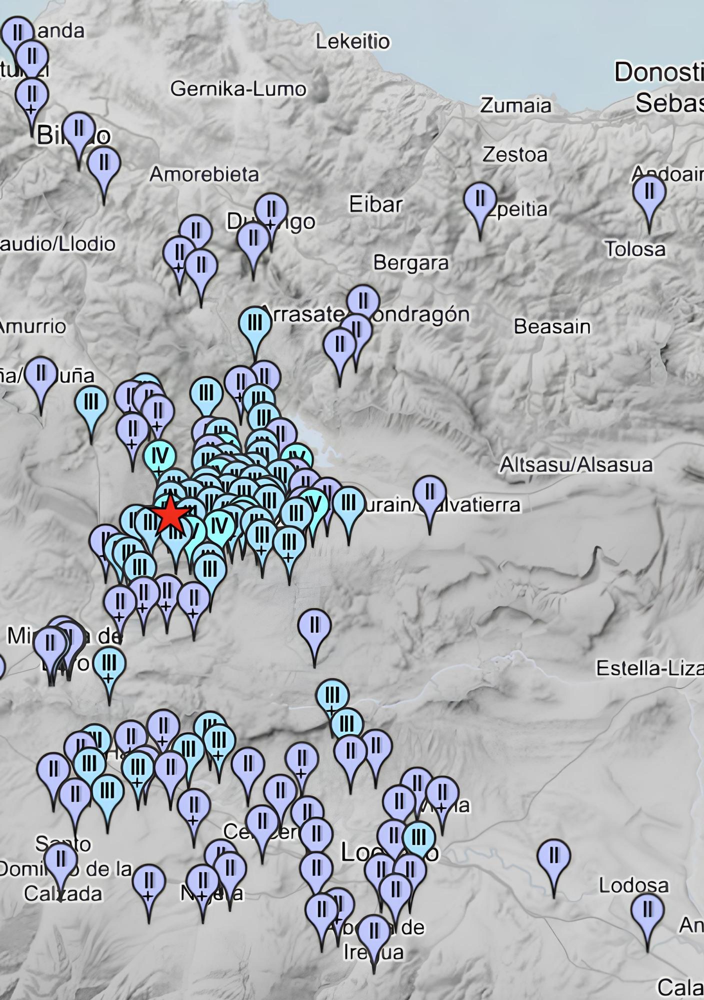 Mapa donde se ha percibido el terremoto junto a Vitoria-Gasteiz