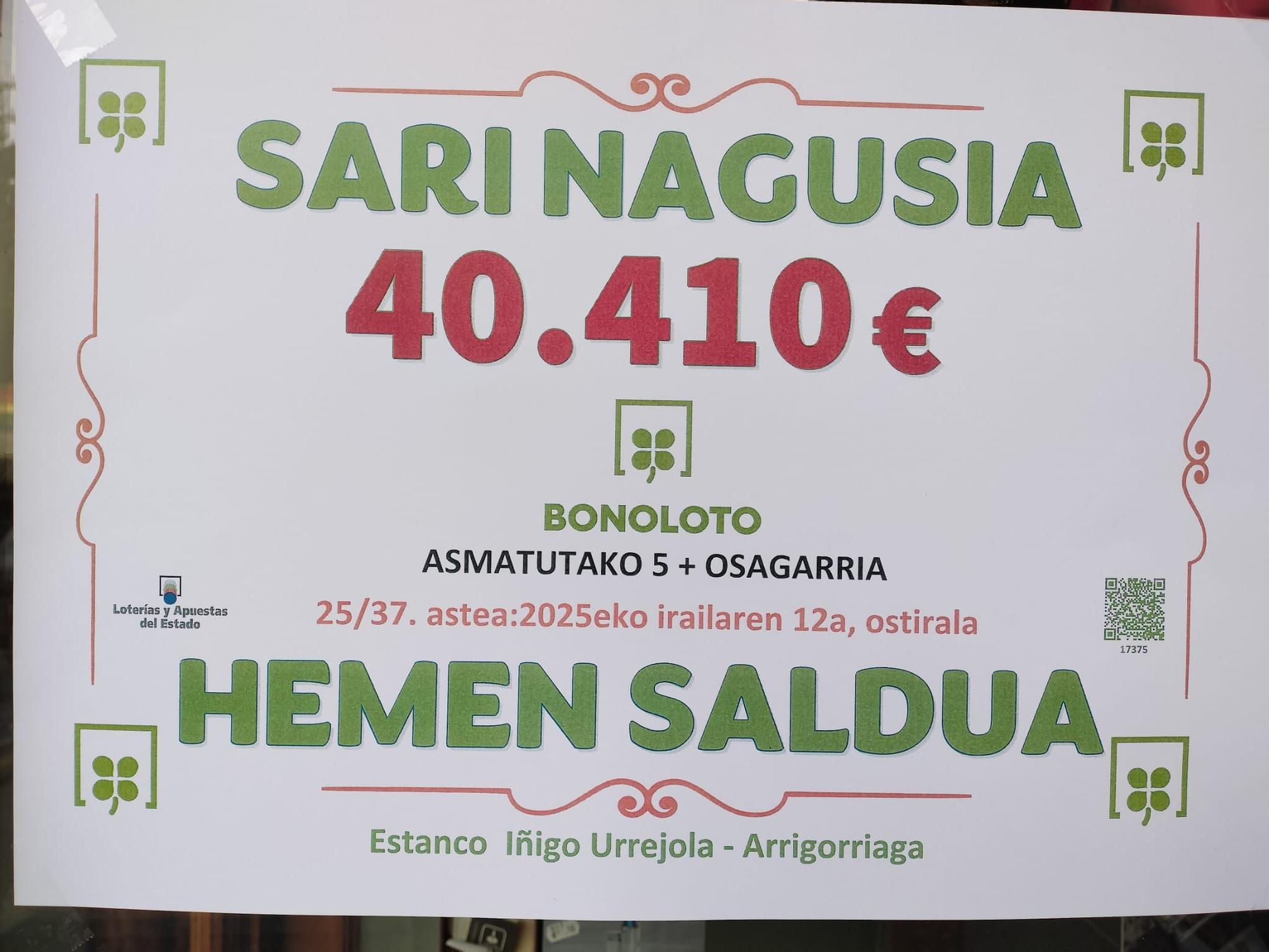 Cartel del premio repartido por Estanco Iñigo en Arrigorriaga.