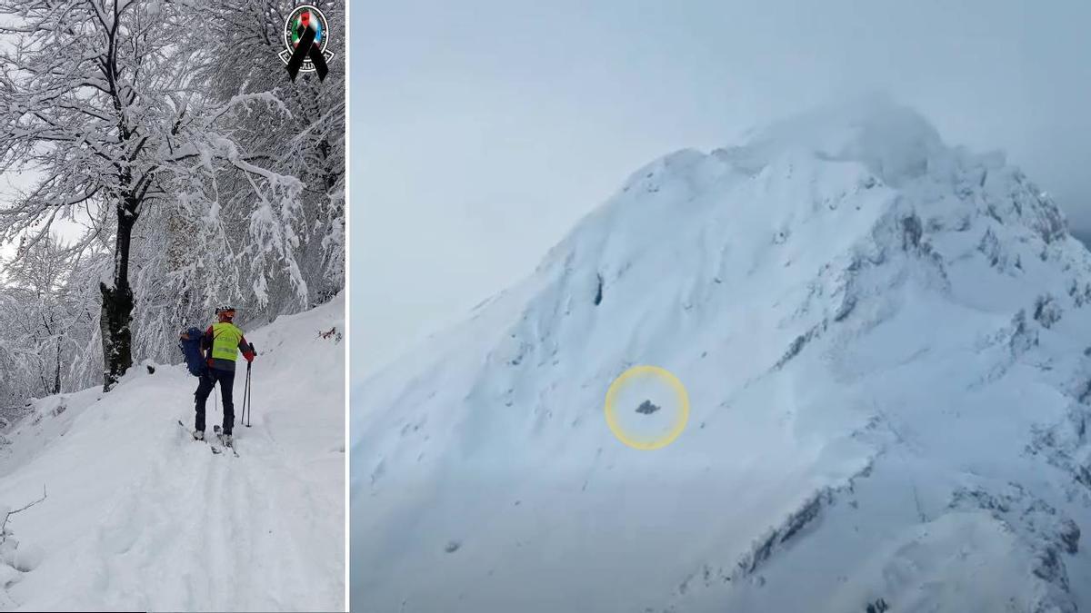 Un agente de la sección de montaña de la Unidad de Vigilancia y Rescate de la Ertzaintza. A la derecha, localización del rebaño del pastor fallecido.