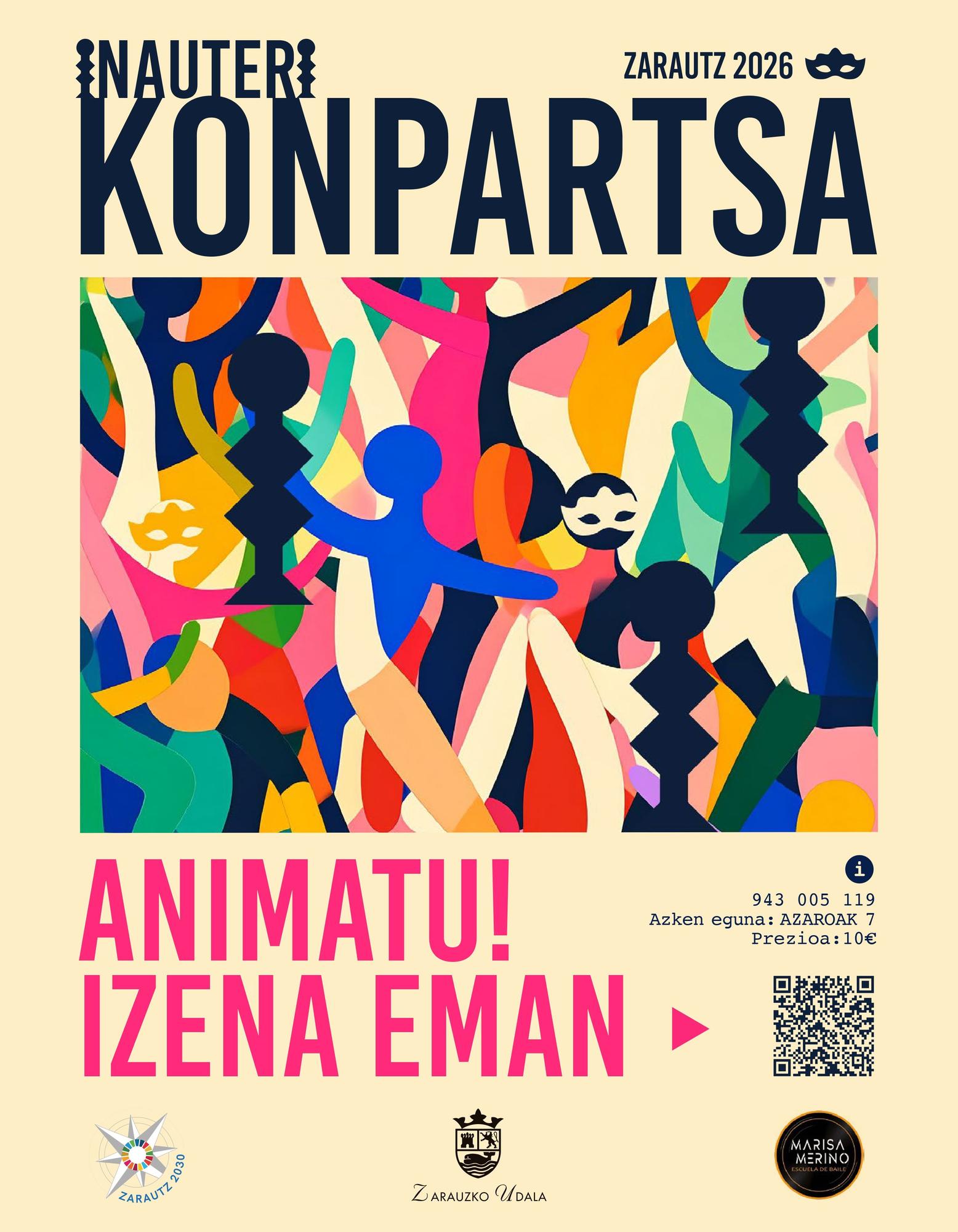 Cartel de la comparsa de Carnaval de Zarautz con el código QR para poder inscribirse.