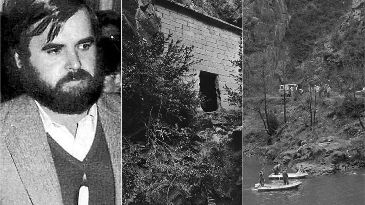 Mikel Zabalza tenía 32 años cuando fue detenido el 26 de noviembre de 1985. A la derecha, el estrecho hueco del túnel por donde escapó según la versión oficial, y labores de búsqueda en el río Bidasoa.