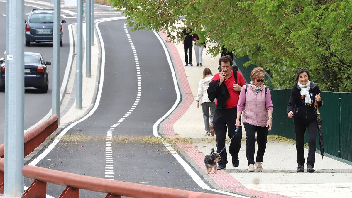 Unos peatones caminan junto a un carril bici.