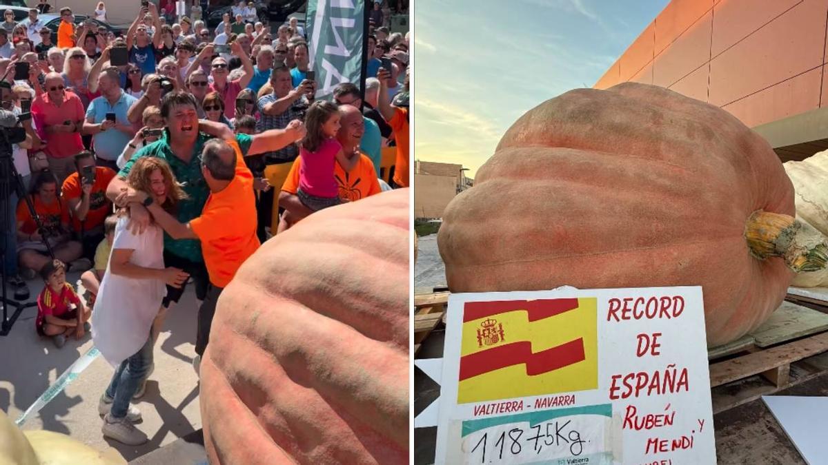 A la izquierda, Rubén Mendi y su mujer, Anabel Vicente, exultantes de alegría. A la derecha, la calabaza gigante.