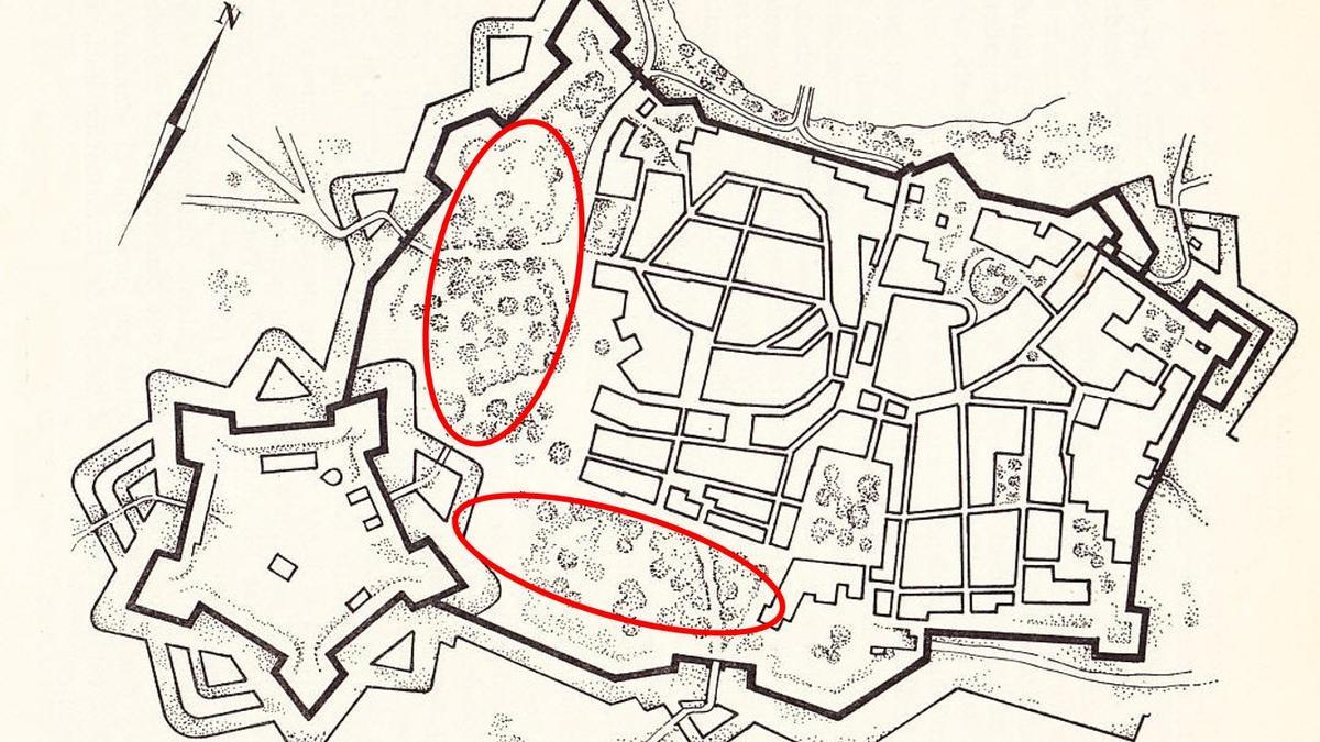 Plano de la Ciudad a finales del siglo XVI de J.Mª Cia. Se señalan los dos espacios denominados como Taconera.