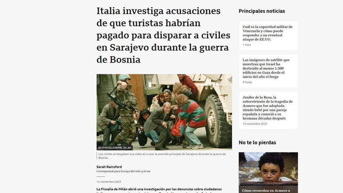 Italia investiga acusaciones de que turistas habrían pagado para disparar civiles en Sarajevo