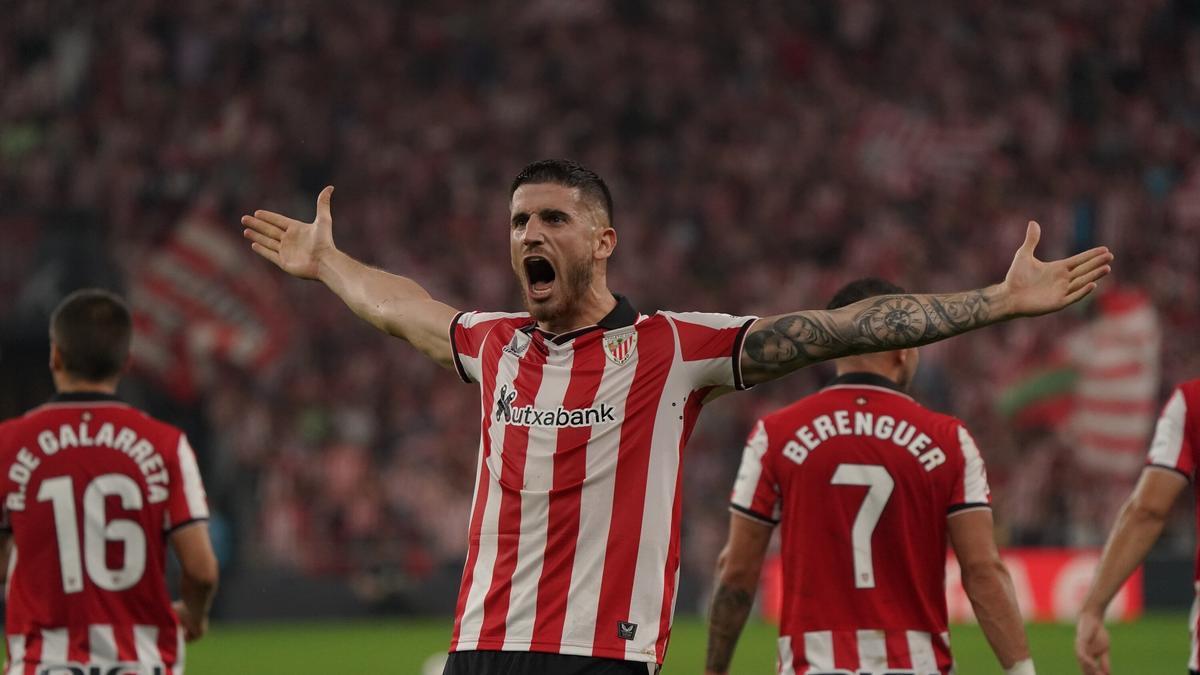 Oihan Sancet celebra el que gol que selló en la segunda jornada de liga ante el Rayo Vallecano y que supuso la victoria del Athletic