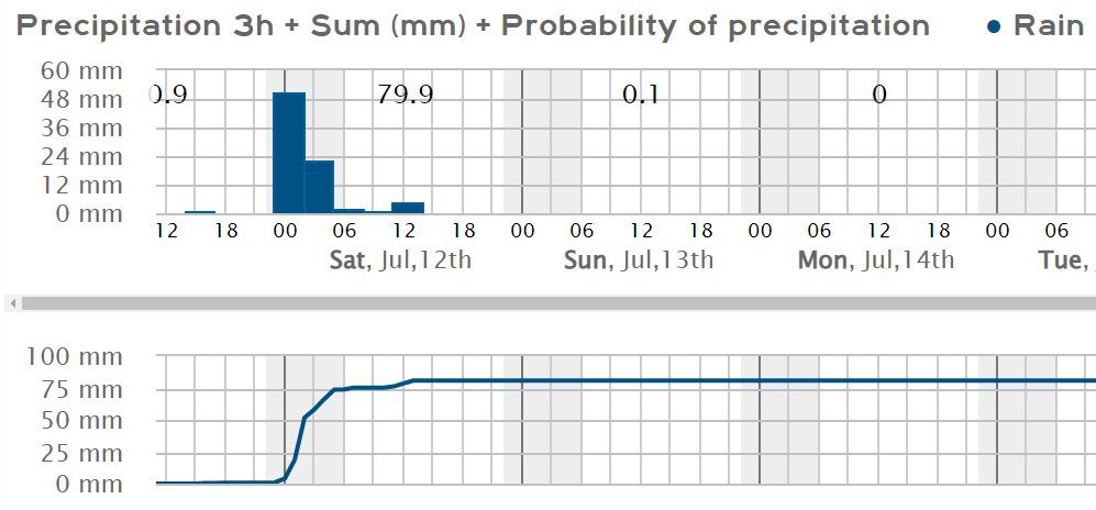Modelo meteorológico con la previsión de lluvia en Pamplona este viernes y sábado.