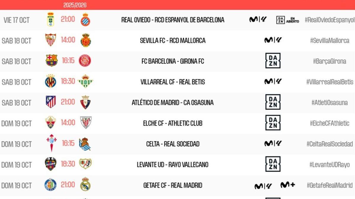 Horarios de liga para la jornada 9