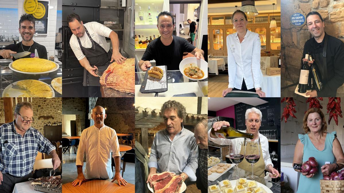 De izquierda a derecha y de arriba abajo, Egoitz López (Bar 5 estrellas), Txema Llamosas (Casa Garras), Jesús González (Sagarra), Zuriñe García (El Paladar), Jon Andoni Rementeria (Remenetxe), Mikel Bustinza (Horma Ondo), Tetsuo Maeda (Txispa), Juanan Zaldua (Baserri Maitea), Jose Ángel Saratxaga (Mahasti Wines) y Ana María Llaguno (Zalla).
