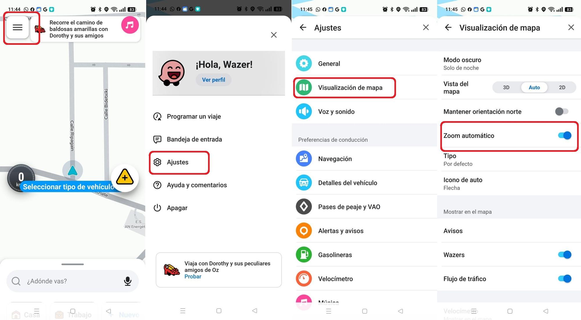 Combo con los pasos a seguir para desactivar el zoom automático de Waze.