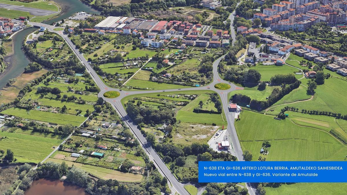 Obras previstas en la red de carreteras de Irun y Hondarribia, con el nuevo vial entre la N-638 (en la izquierda) y la GI-636 